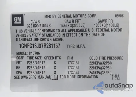 2007 Chevrolet Tahoe Lt из США, поврежденный, VIN 1GNFC13J97R281157